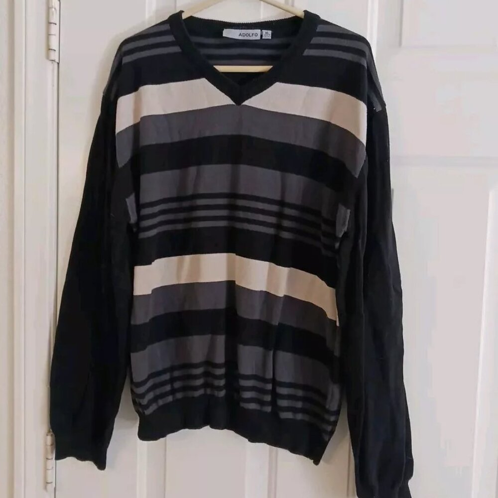 Adolfo Men's XL Striped Cotton V-Neck Tight Knit Sweater